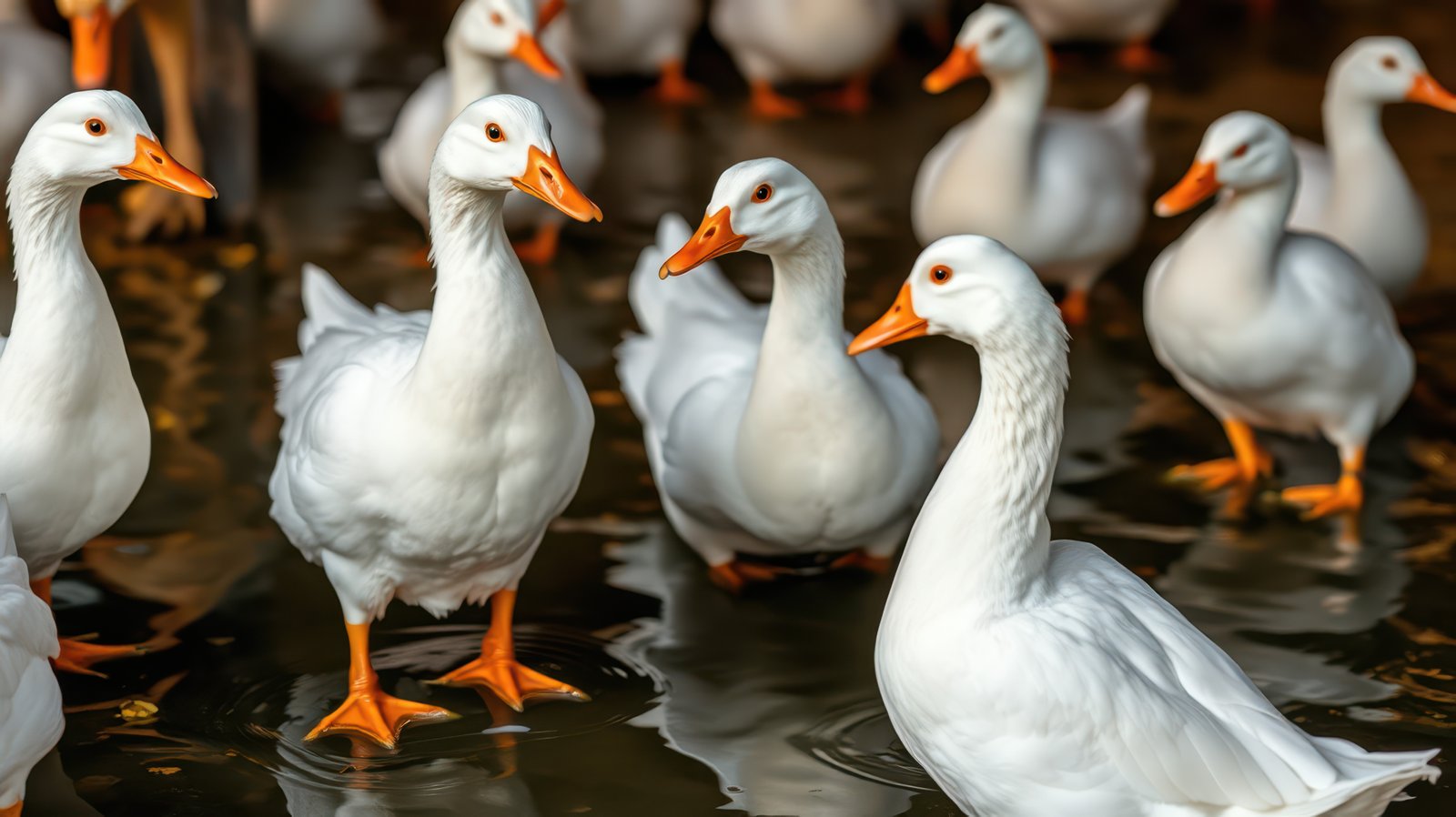 Ducks swimming and foraging in a pond during a bright sunny afternoon near a park